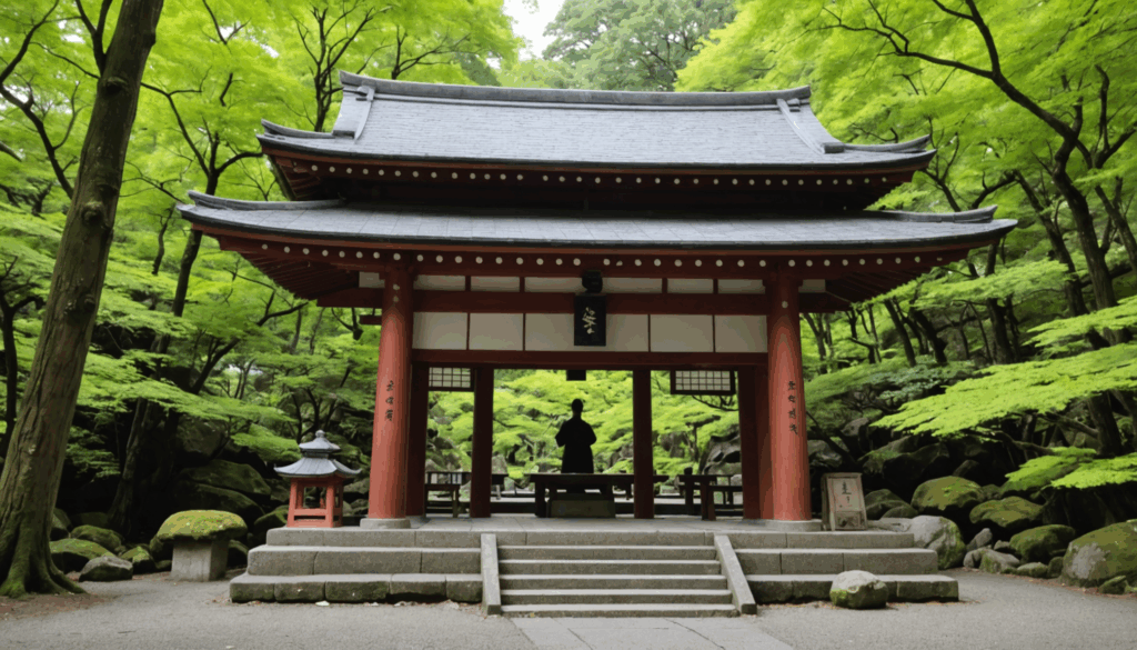 静かな神社の風景。伝統的な服装を身にまとった日本人が、二礼二拍手一礼の作法で参拝している様子を描写。背景には緑豊かな自然と鳥居が見える。