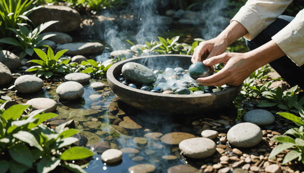 パワーストーンの浄化方法を示す写真。日本人が水で石を優しく洗い、葉の間から日光が差し込む穏やかな環境での様子。