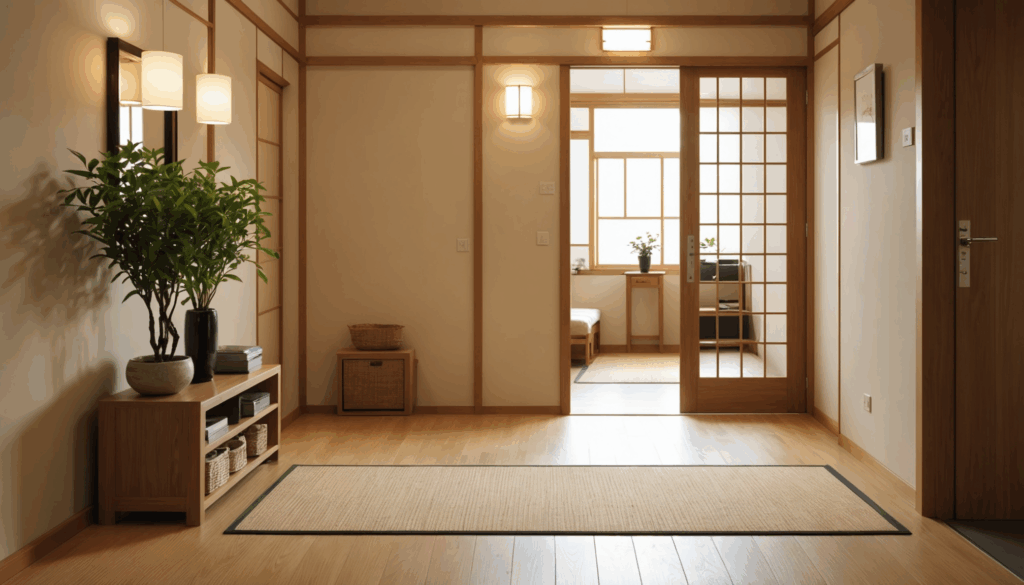 清潔で整頓された日本の玄関の写真。玄関マットや植物、鏡が置かれ、運気を高める明るい雰囲気を演出している様子。