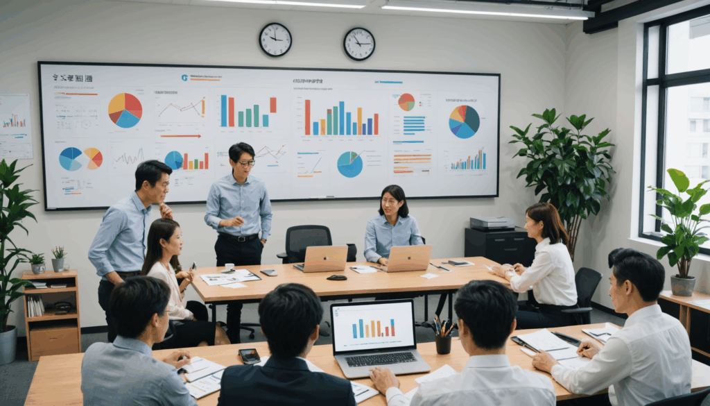 多様な日本の起業家たちが、現代的なオフィスでチャートやノートパソコンを囲みながらブレインストーミングをしている様子。起業家の特徴として、コラボレーションと革新が強調されています。