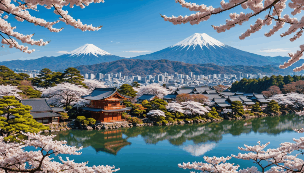 日本の四季を表現した美しい風景。春の桜、夏の青い海、秋の紅葉、冬の雪景色が楽しめる絶景。