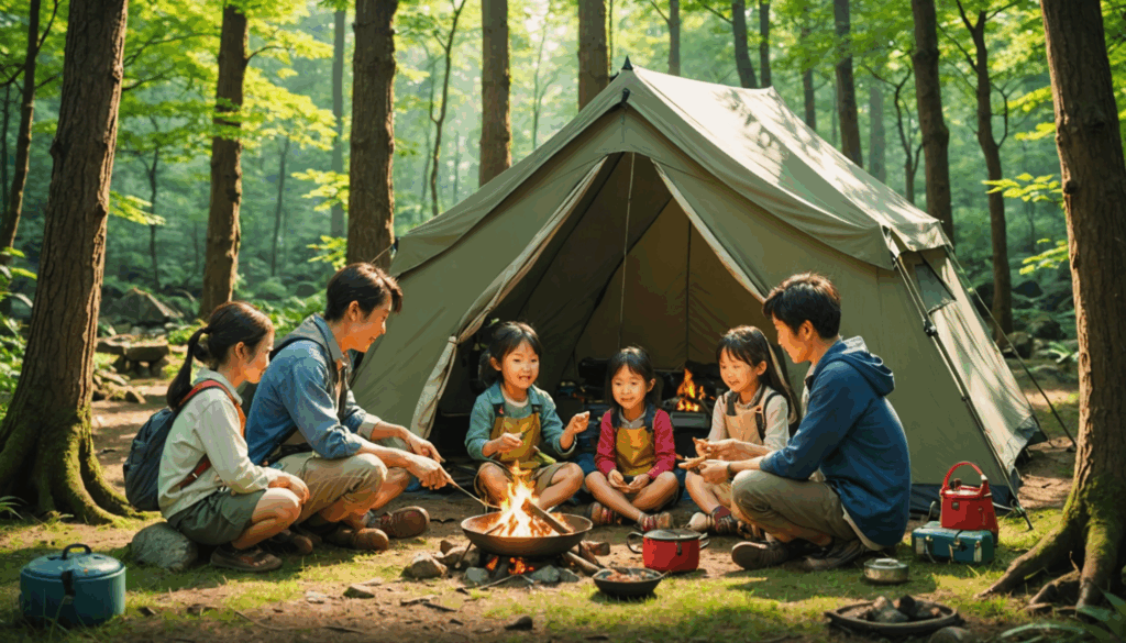 自然体験を楽しむ親子が、緑豊かな森でテントを設営し、キャンプファイヤーで料理をする様子。家族の絆が感じられるアクティビティの瞬間です