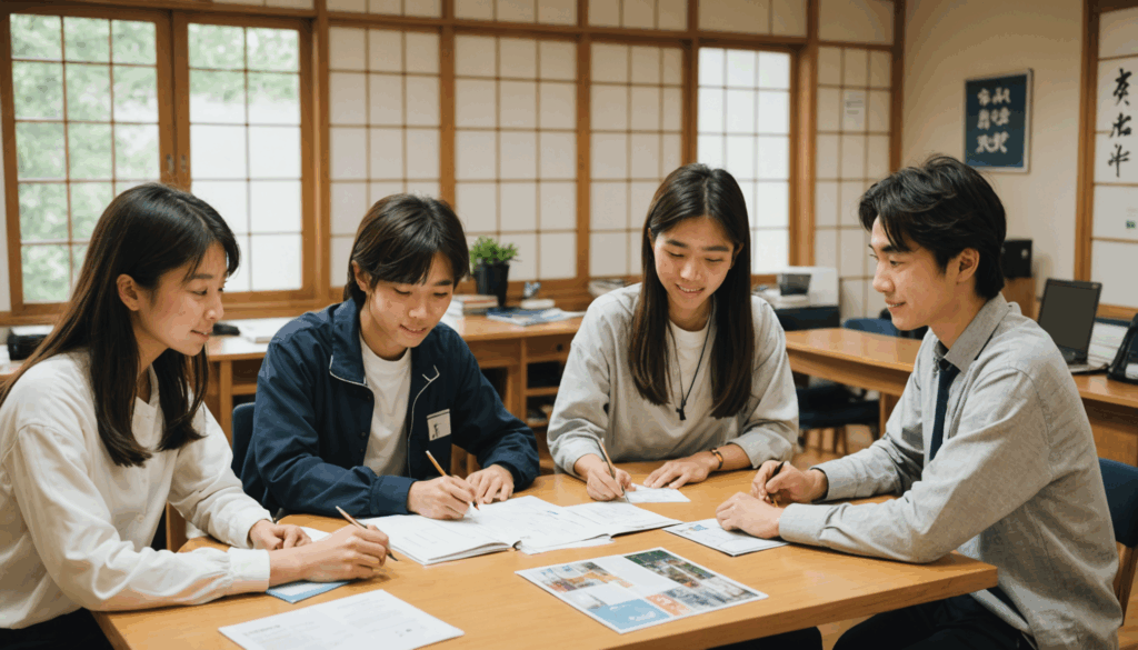 卒業旅行を計画する高校生たちの写真。予算や行き先について話し合いながら、旅行パンフレットやノートパソコンが置かれた賑やかな雰囲気の中での様子。