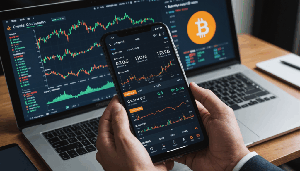 日本の仮想通貨取引所のインターフェースを描いた画像で、スマートフォンとノートパソコンに取引グラフやデジタル通貨アイコンが表示されている様子。初心者でも使いやすいデザインを強調