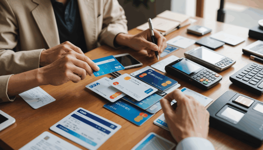 テーブルで複数のクレジットカードを比較検討している日本人の様子。メリットやデメリットを考えながら支払い方法を選んでいる