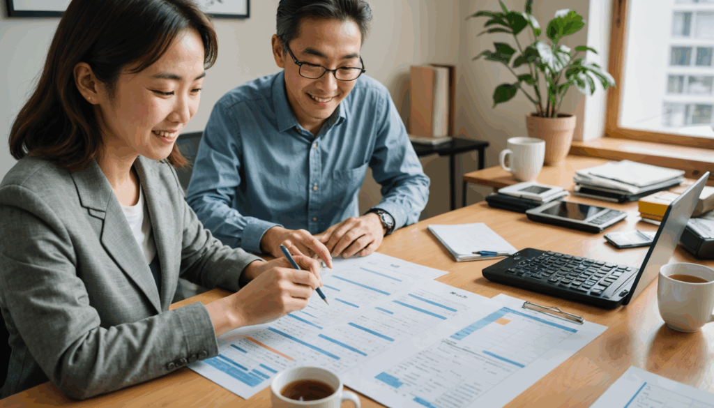 明るく心地よい部屋で、日本人が家計簿をつけながら楽しそうに作業している様子。近くにはファイナンシャルプランナーとお茶のカップが置かれている。