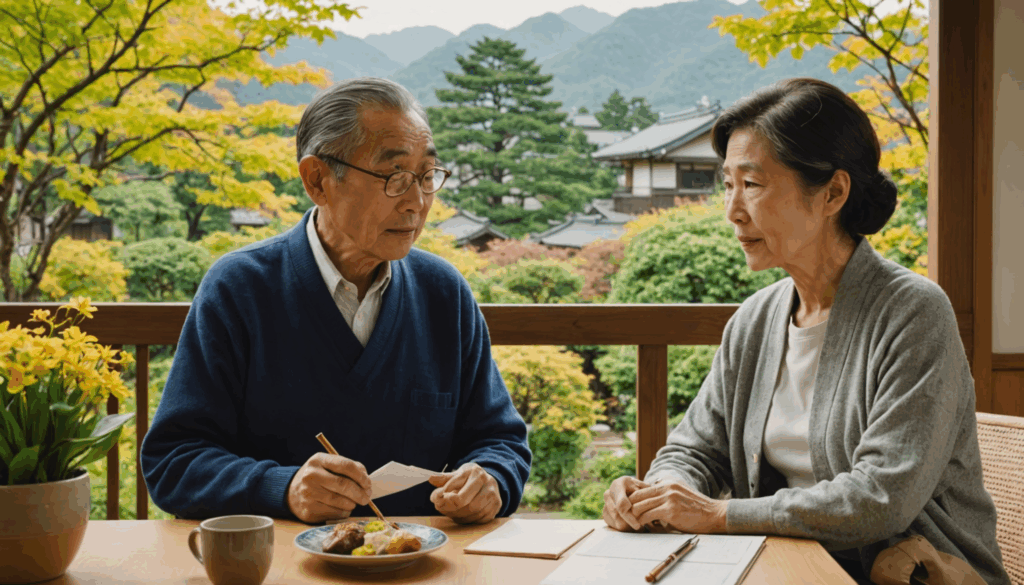 老後資金について話し合う60代の日本人夫婦の写真。穏やかな家庭の中で、生活費や平均貯蓄額について考える様子が描かれています
