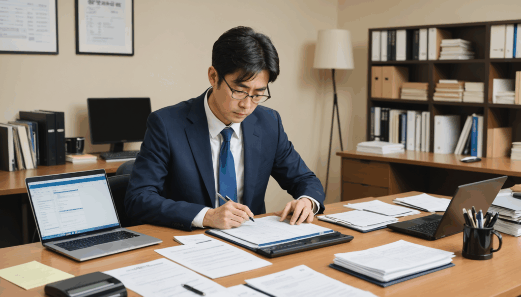 木製のデスクに置かれた軽量ノートパソコンの写真。開いたノートパソコンの周りには文房具やコーヒーカップがあり、窓からの自然光が差し込んでいる様子。