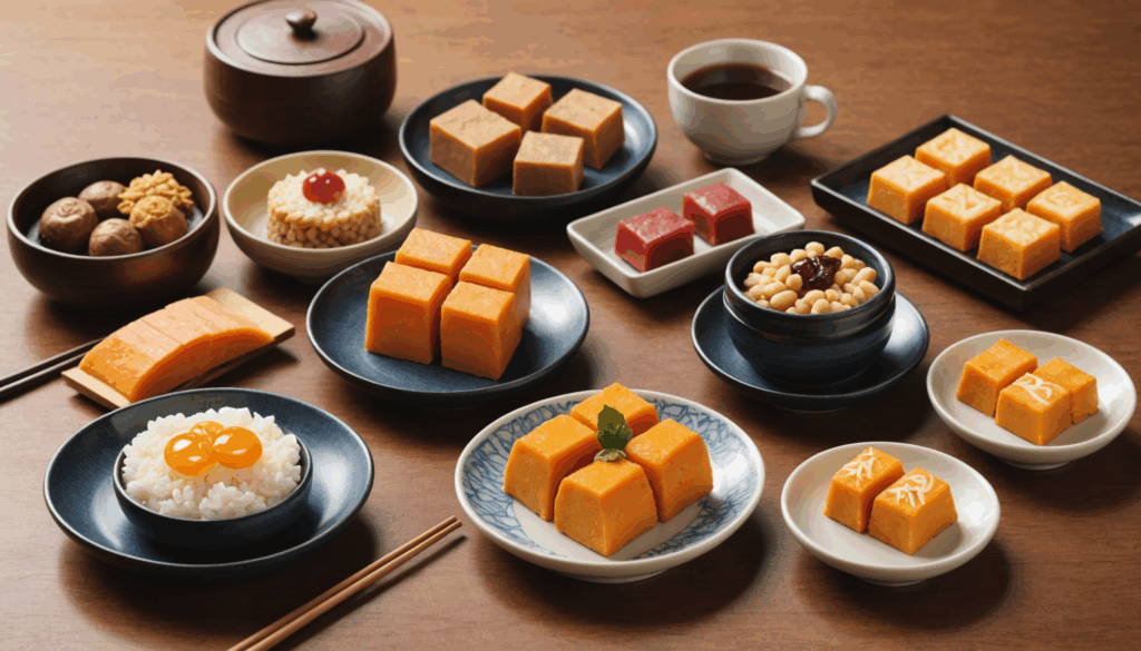 関東の観光スポットを背景に、川越のさつまいも菓子、水戸の納豆、鎌倉の和菓子、小淵沢の地酒などの伝統的なお土産が並ぶ様子。日帰り旅行にぴったりのグルメ体験を紹介。