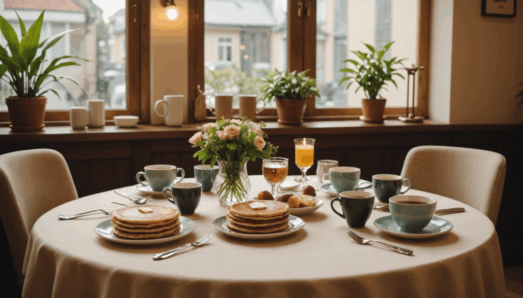 おしゃれなおうちカフェのテーブルセッティング。エレガントなテーブルクロスやスタイリッシュな食器、タピオカドリンクやスイーツを楽しむ様子