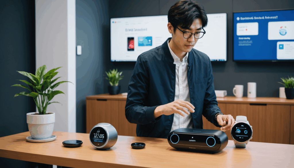 未来的なガジェットポーチに収められたAIスマートスピーカーやスマートウォッチを使う日本人の様子。おしゃれなデザインのガジェットが並び、旅行や日常生活におすすめのアイテムを紹介しています