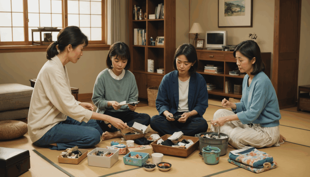 日本の家族が居心地の良いリビングで、不要なモノを分けて整理整頓している様子。片付けの重要性を強調したコミュニケーションの場面。