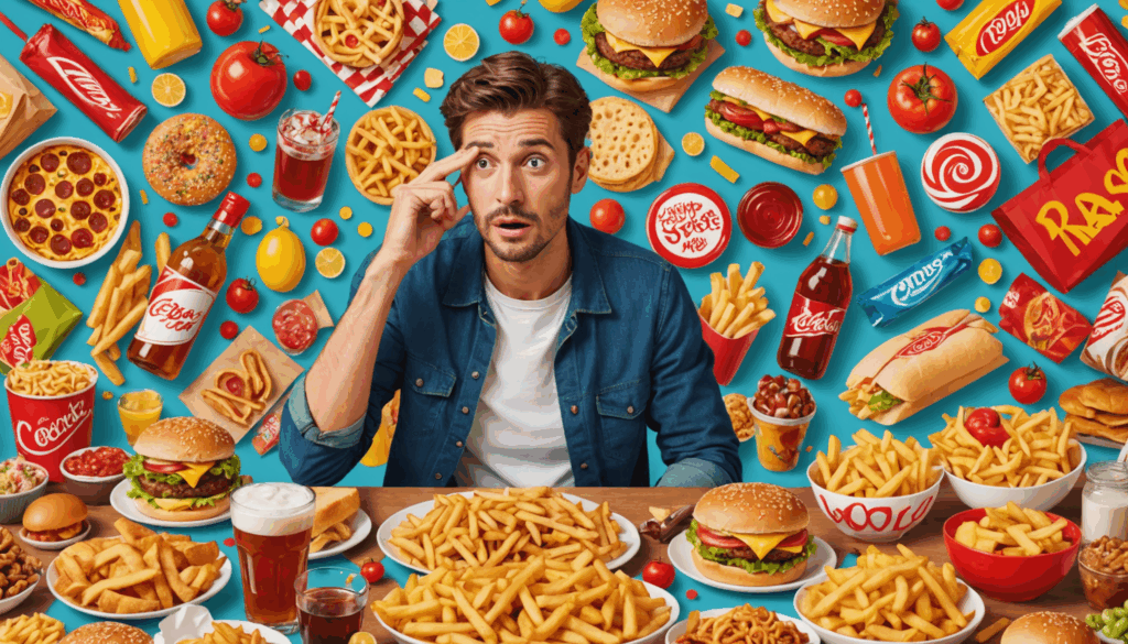 ストレスを抱えた女性が、不健康な食べ物やアルコール、買い物袋に囲まれている様子。これらの発散方法が及ぼす悪影響を強調しています。