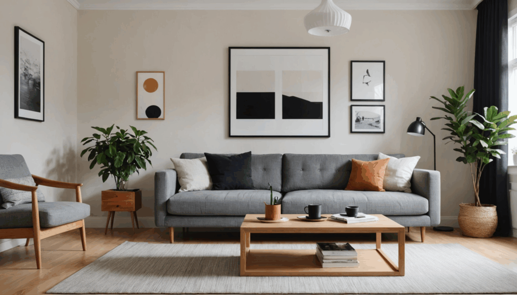 モダンな一人暮らしのリビングルームの写真。コンパクトなソファと木製のテーブルが置かれ、明るい自然光が差し込むおしゃれな空間