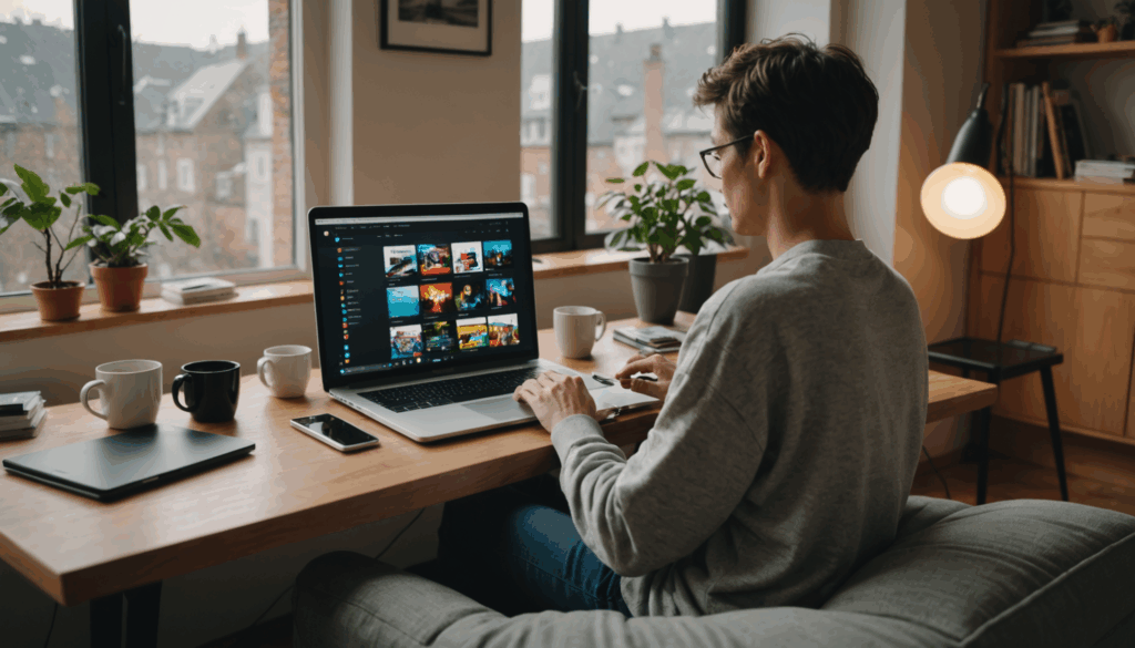 快適なリビングルームでラップトップを使い、動画配信サービスの無料トライアルを調べる人の様子。サブスクや見放題の選択肢を探る雰囲気を表現。