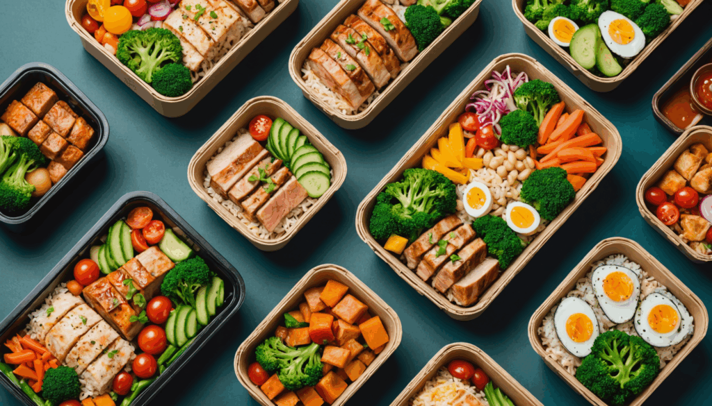 日本の健康的な料理のサブスクサービスの写真。鮮やかな色合いのパッケージで、忙しい女性が自宅で嬉しそうに定期便の食事ボックスを受け取っている様子。