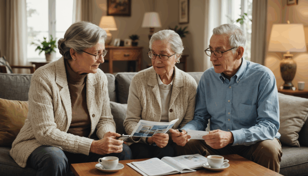 温かい雰囲気のリビングで、穏やかな老人夫婦が介護施設の費用や公的支援について相談している様子。