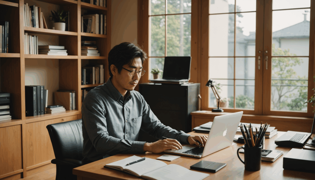 自宅の快適なオフィスで、起業家がノートパソコンとノートを使いながらビジネスの決断を考えている様子。