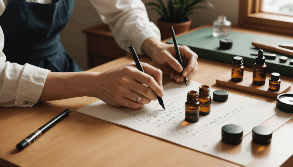 自然光が差し込む穏やかな作業スペースの写真。アロマスプレーボトルやエッセンシャルオイル、小さな植物が配置され、リラックスできる香りのある雰囲気を演出しています。