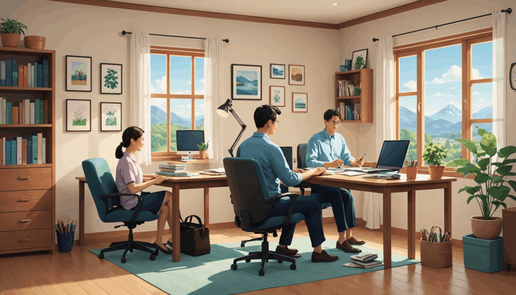 5月病に悩む学生のイラスト。ストレスを感じながら机に座り、書類や本に囲まれた様子が描かれています。リラックスできる背景が心のサポートを表現しています。