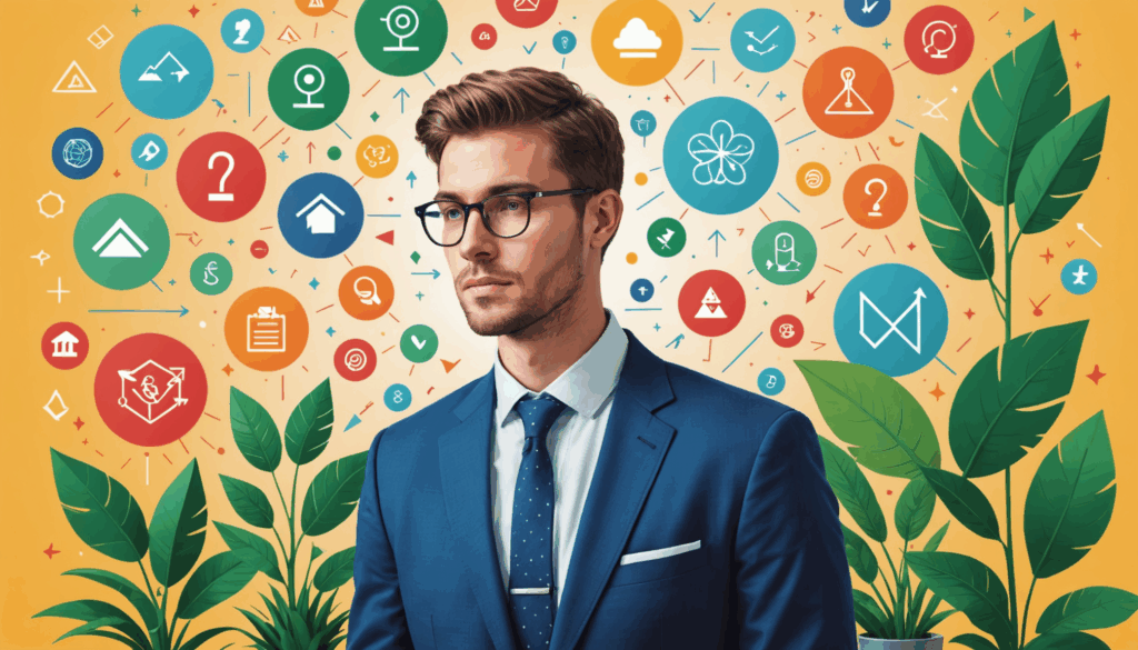 転職を考える20代の若手プロフェッショナルが、成長のシンボルである植物や上向きの矢印に囲まれた明るい環境で自己分析をしている様子。