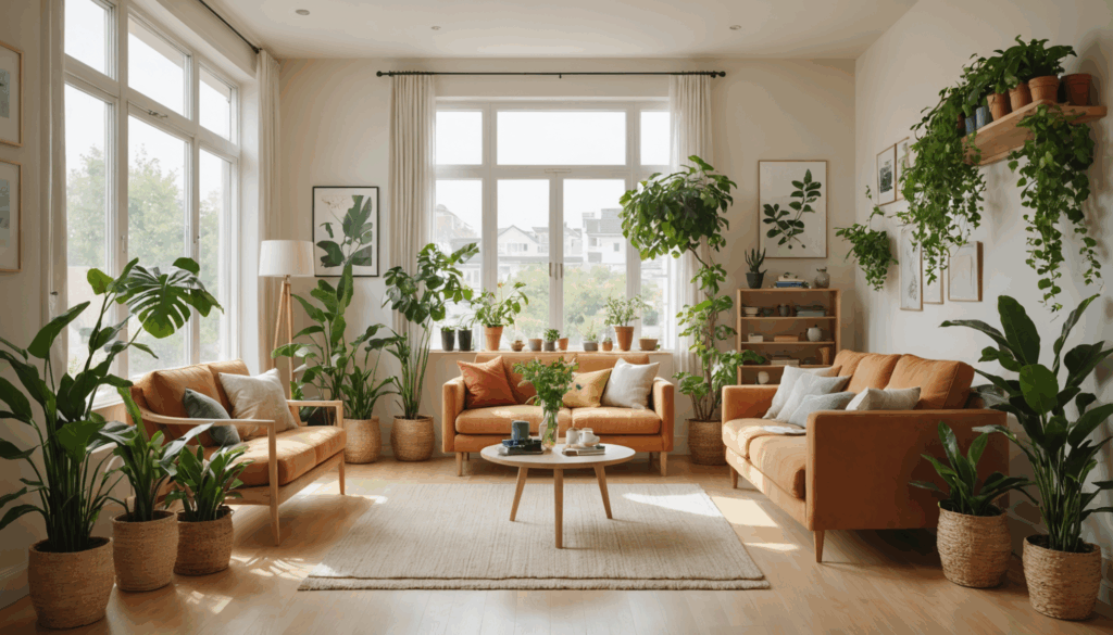 明るく心地よい家の中で、植物に囲まれた空間を片づけている自分の姿。家事を通じて開運と幸せを感じる様子。