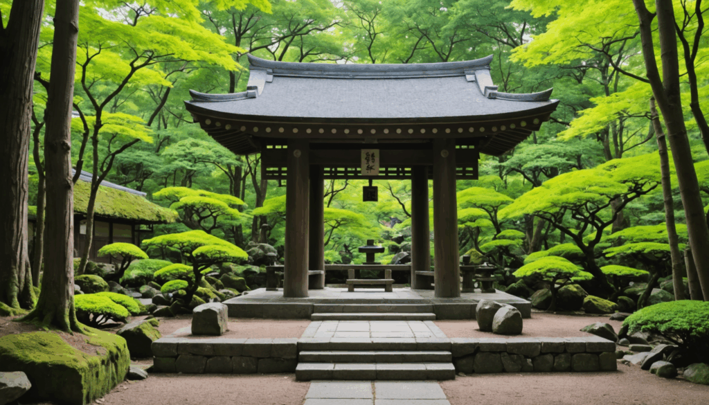 自然に囲まれた静かな神社の写真。悪縁を断ち切る祈願を象徴し、穏やかなエネルギーが漂う様子