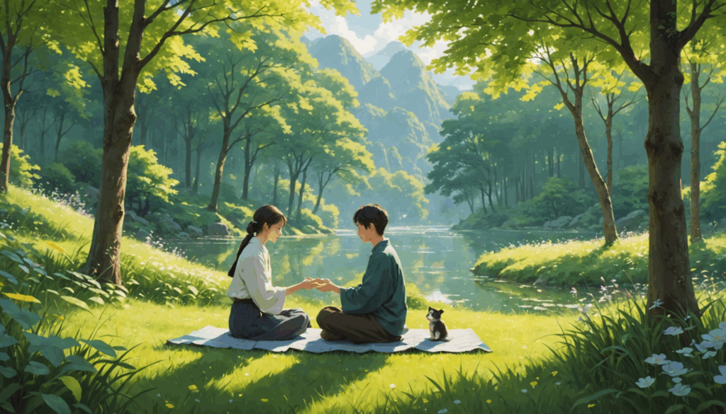 自然に囲まれた穏やかな環境で、2人の人が調和してつながっている様子。価値観を共有し、スピリチュアルなエネルギーを感じる重要な瞬間を表現しています。