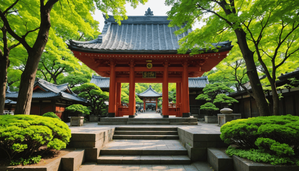 東京の神社の写真。美しい緑に囲まれた伝統的な建築が、縁結びやご利益を象徴する穏やかな雰囲気を醸し出している。