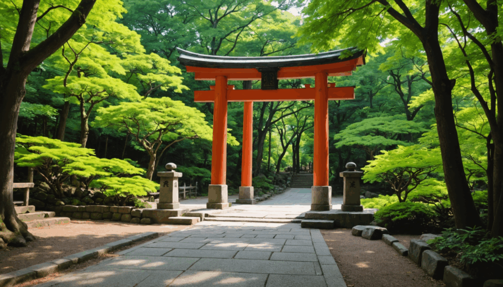 緑に囲まれた神社の参道の入口、鳥居があり、静けさと精神性を強調した風景。参拝の作法を感じる心安らぐ光景です。
