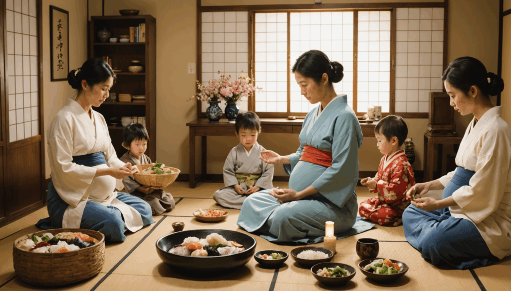 妊娠中の女性が家族に囲まれ、安産祈願のための準備をしている様子。腹帯やお守りが並ぶ温かな雰囲気の中で、愛と期待が感じられるシーン。