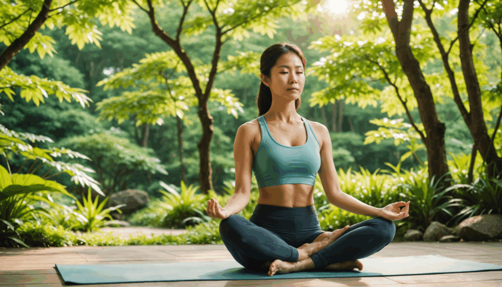 自然豊かな環境でヨガをする日本の女性の写真。妊娠や子宝を願うお守りとしてのパワーストーンのエネルギーを感じる。