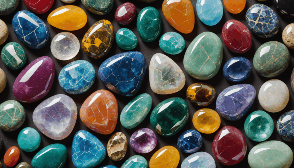 美しいパワーストーンのアソートメントが、柔らかな自然の背景に美しく配置されており、それぞれの色や質感が際立っています。運気や恋愛運を高める効果を持つ石の組み合わせが魅力的です。