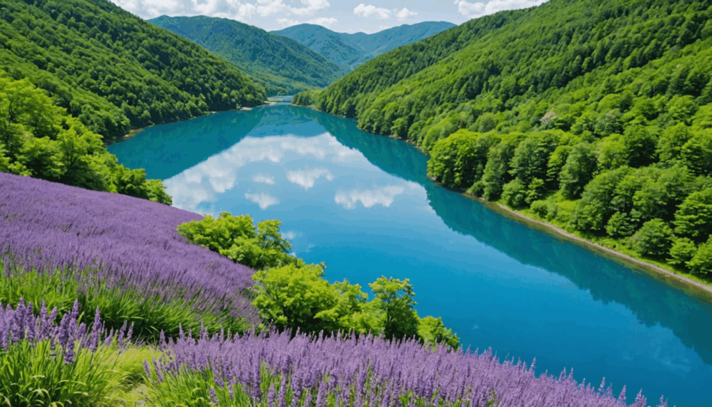 群馬県のご当地グルメを紹介する写真。うどんやB級グルメ、伝統的な駅弁、地元の特産品やスイーツが美しい自然の中に並んでいる様子