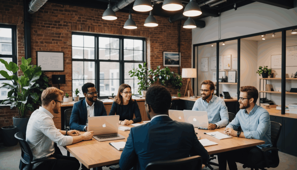 多様な日本の起業家たちが、現代的なオフィスでチャートやノートパソコンを囲みながらブレインストーミングをしている様子。起業家の特徴として、コラボレーションと革新が強調されています。