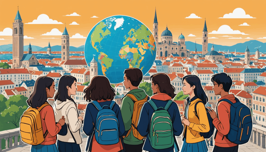 留学中の多様な学生たちが、文化活動に参加しながら英語を学んでいる様子を背景に名所が映える写真。