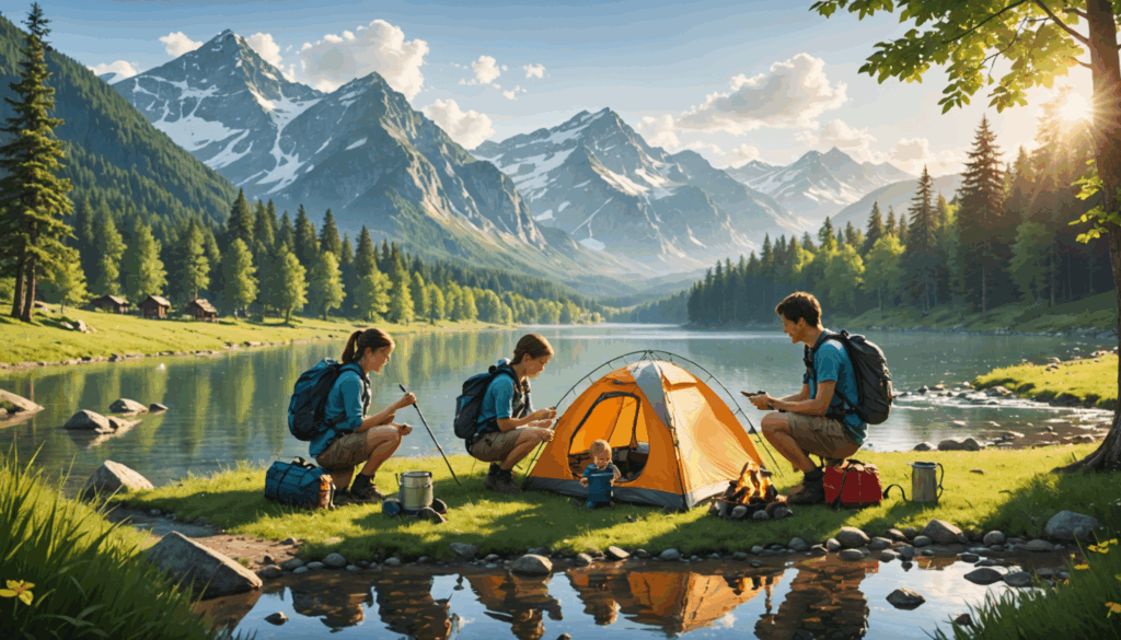 親子で自然体験を楽しむ様子。キャンプや川遊びを通じて、家族の絆を深めるアクティビティを行っている。