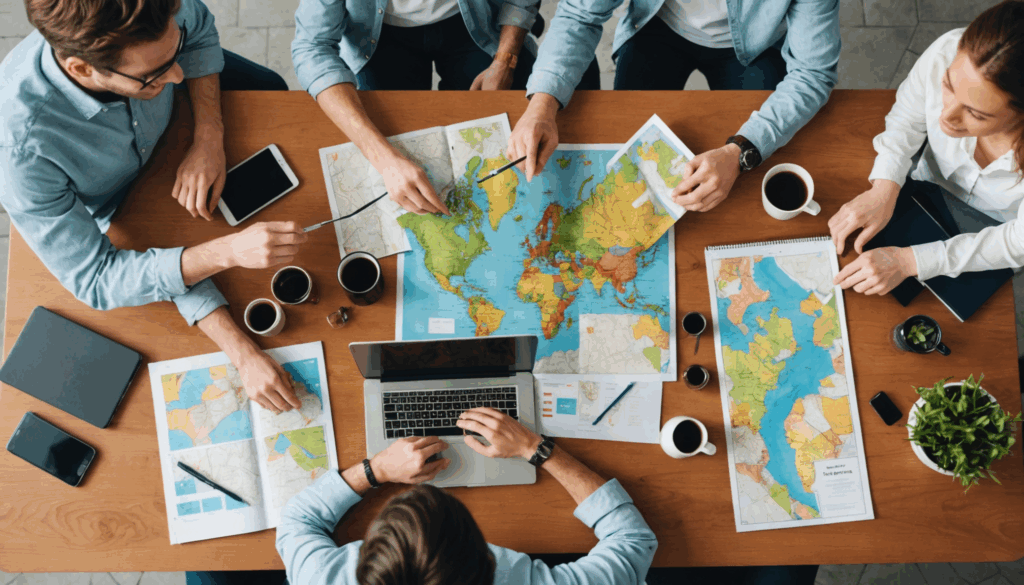 友達と一緒に卒業旅行の計画を立てている様子。地図や旅行パンフレット、ノートパソコンがテーブルに並び、楽しそうな雰囲気が漂う