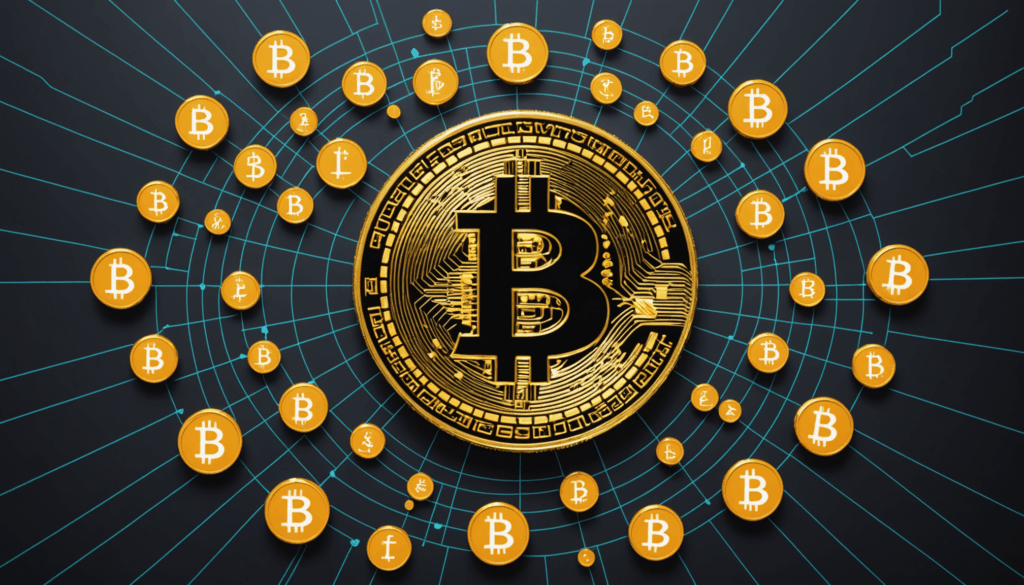 ビットコインの投資をテーマにした画像で、デジタル通貨のシンボルや取引チャート、安心できる取引所の雰囲気が描かれています