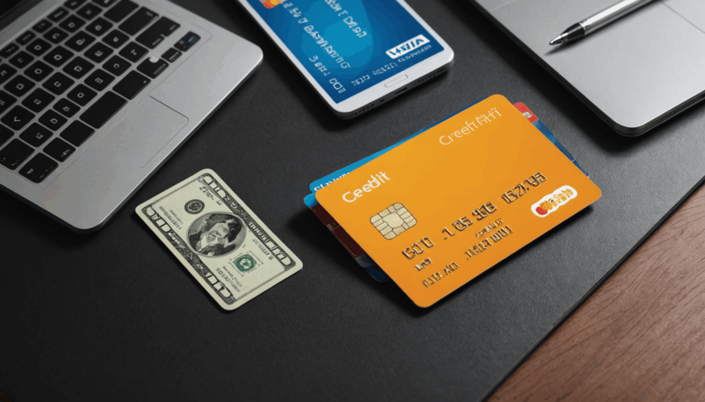 クレジットカードの写真。スリムなテーブルの上に置かれ、背景には現金とショッピングバッグがあり、便利で現代的なライフスタイルを強調している
