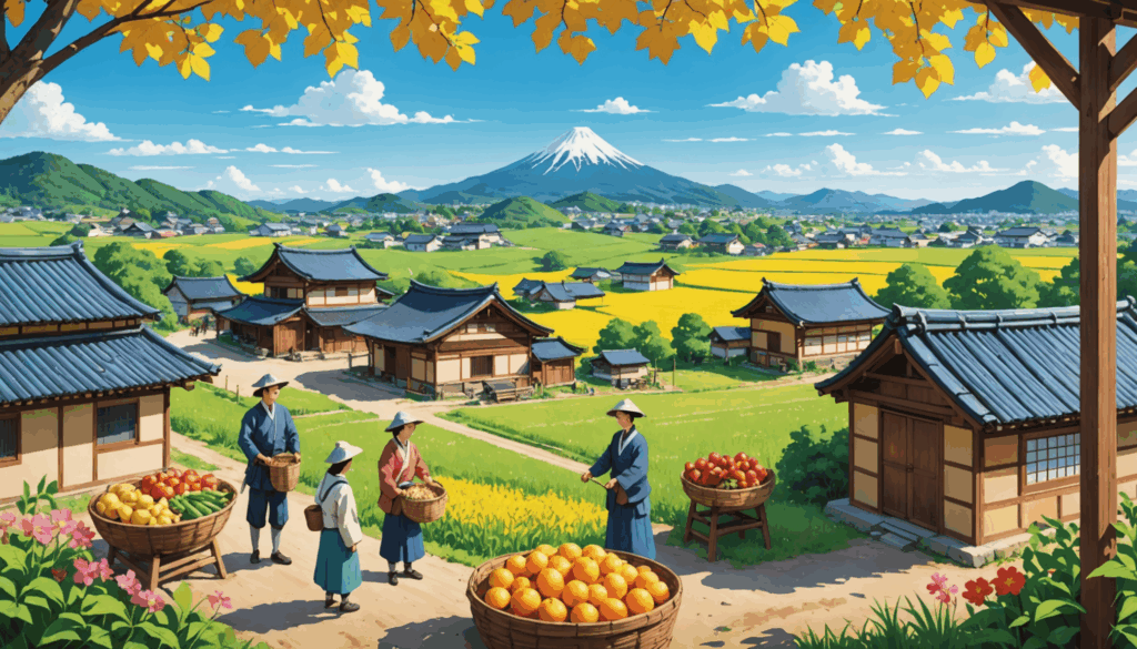 ふるさと納税をテーマにした、地域の特産物やコミュニティ活動が描かれた活気ある田舎の風景のイラスト