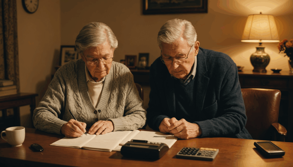 老後資金を計算している夫婦の写真。穏やかな雰囲気の中、ノートと電卓を使って生活費を見直している様子
