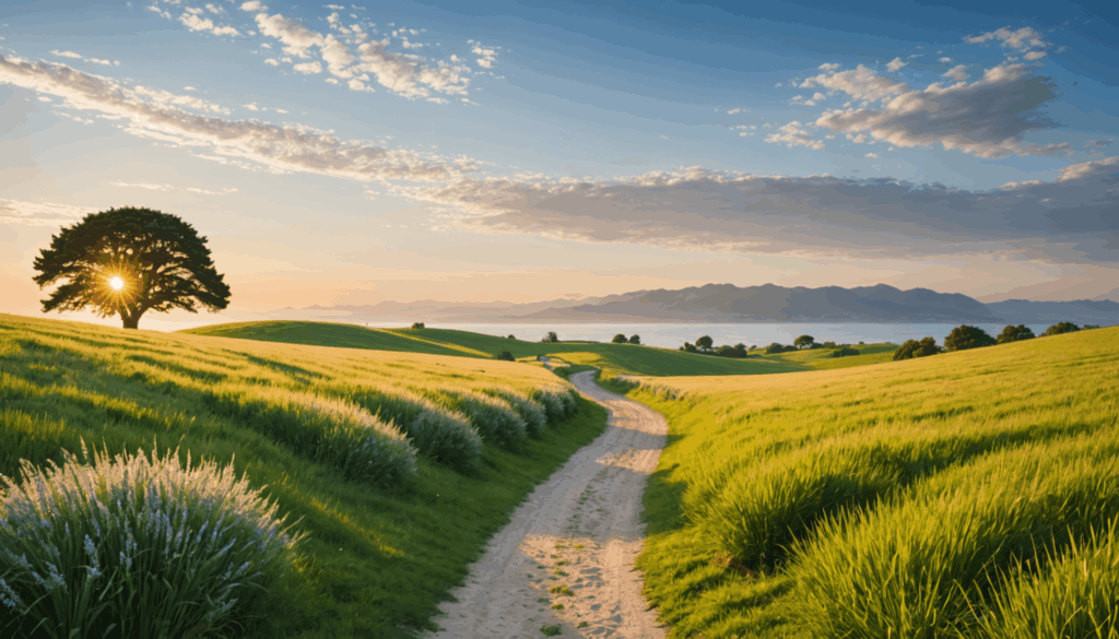 穏やかな風景の写真。50代の人々が資産運用や投資を通じて老後の生活費を確保するための道を歩む様子を表現しています