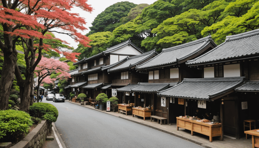 鎌倉の風景写真。伝統的な建築と豊かな自然、活気あるグルメの屋台があり、関東の日帰り旅行の魅力を表現している