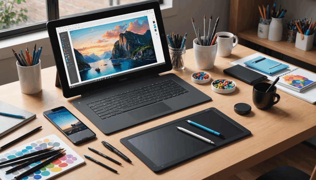 ペンタブレットと液晶タブレットが並ぶ、デジタルイラスト用のアーティストの作業スペースの写真。初心者にもおすすめの使いやすい環境が整っています