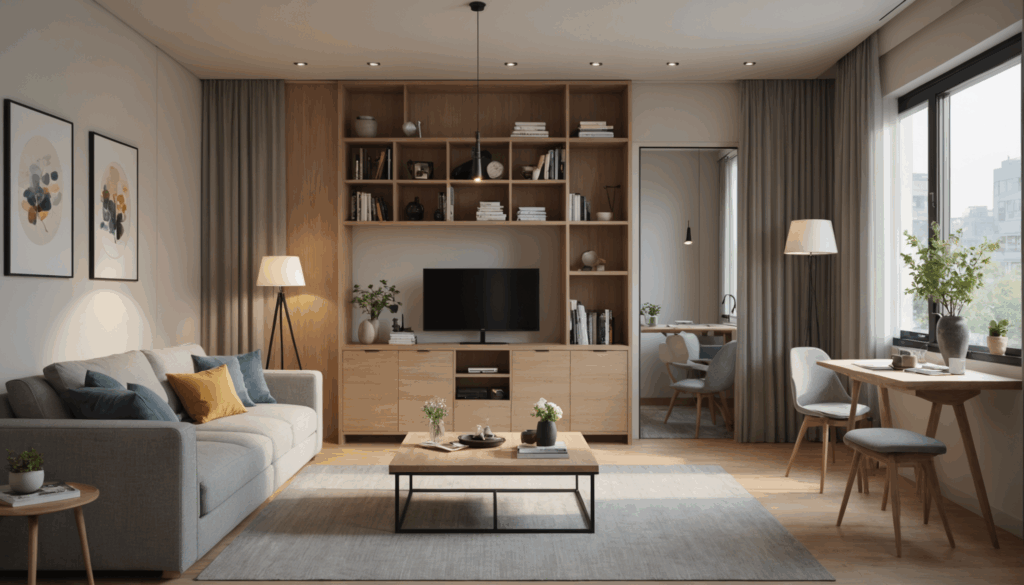 一人暮らしに最適な、おしゃれで快適なリビングスペースの写真。必要な家具やコンパクトなテーブル、整理された収納が特徴