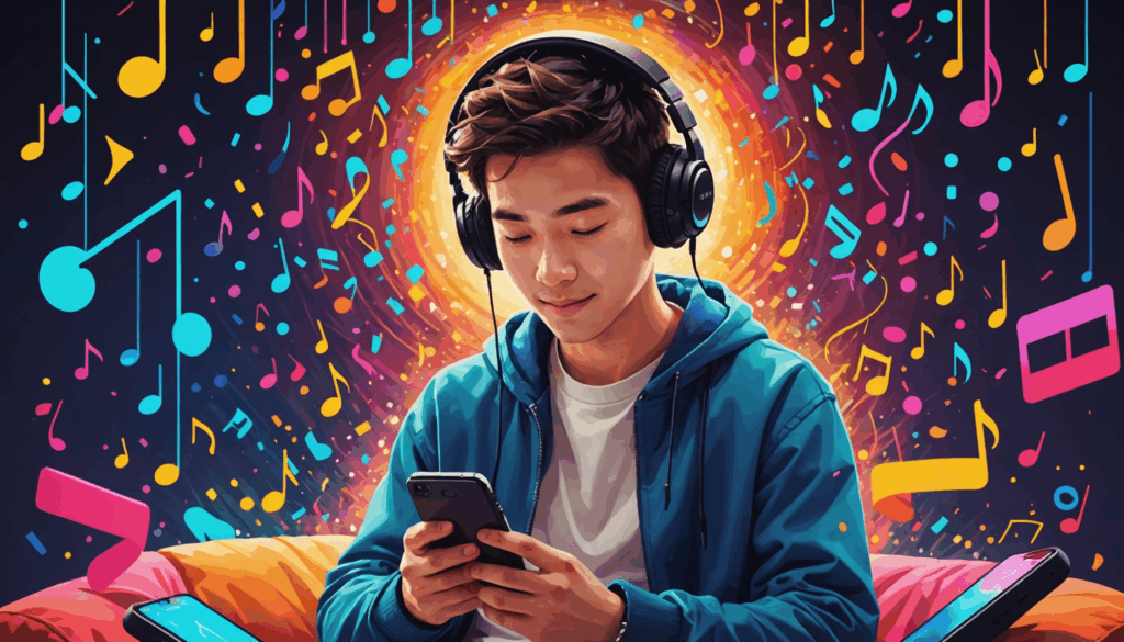 音楽サブスクを楽しむ人の写真。スマートフォンで音楽を再生し、心地よい空間でカラフルな音波と音符に囲まれている様子。