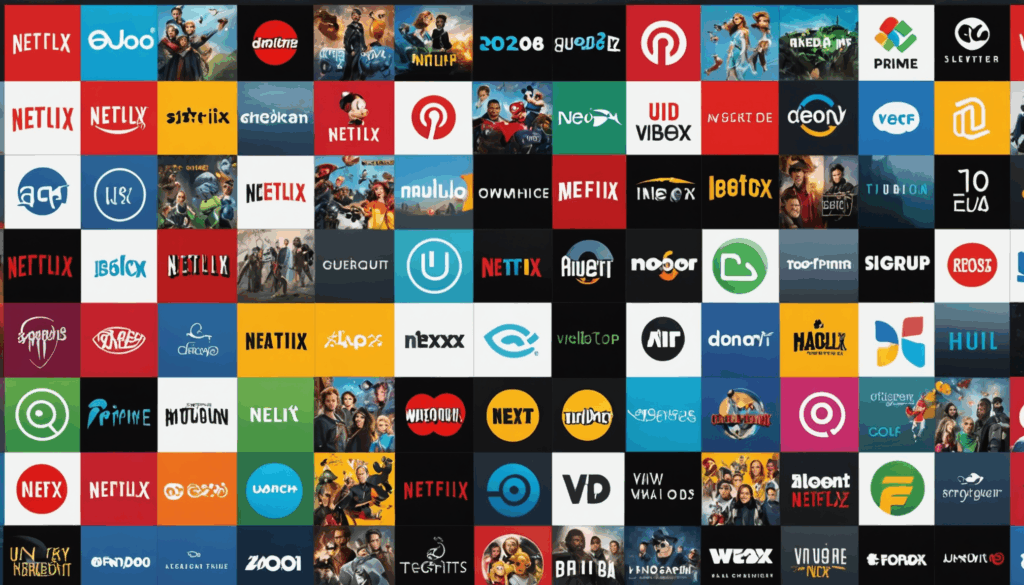 2025年の人気動画配信サービスのロゴやビジュアルを示し、NetflixやAmazonプライムビデオ、U-NEXTなどのオリジナルコンテンツやファミリー向けオプション、様々なジャンルを表現した画像。