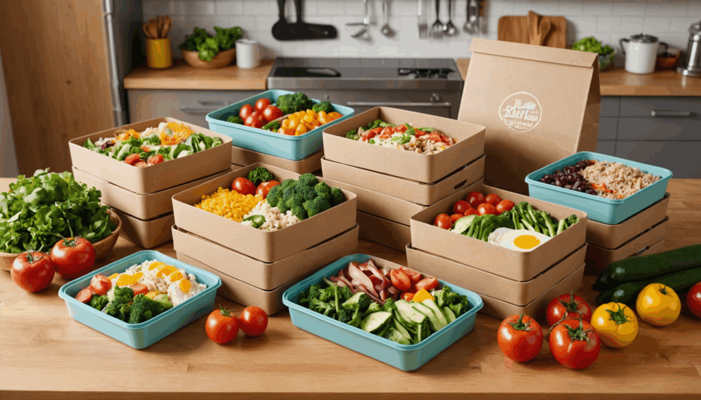 カラフルな宅配弁当のボックスが木製のテーブルに並び、栄養バランスの取れた食事の便利さを伝える現代的なキッチンの風景