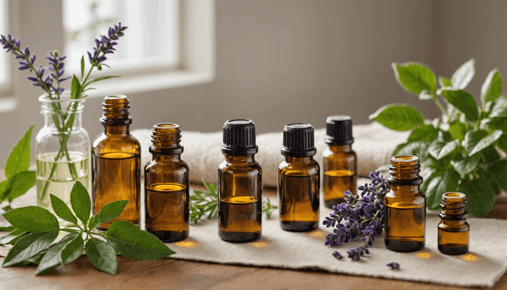 静かな家庭の環境で、精油とアロマセラピーを表現した写真。植物から抽出された成分やガラス瓶、自然な材料が並んでいる様子